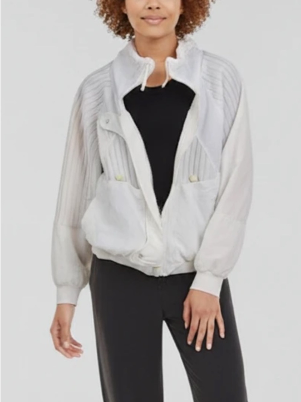 Women's White Bomber Jacket with Ribbed Paneling